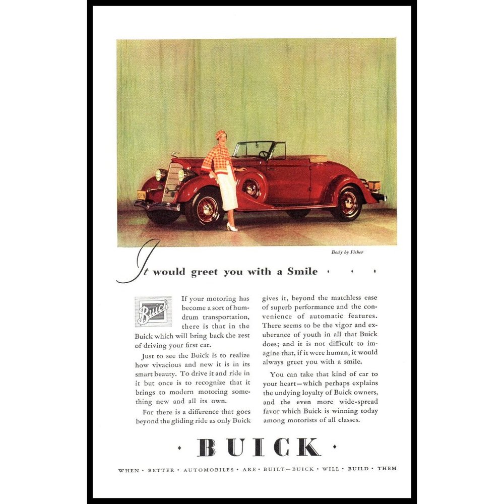 1934 Buick 2 Door Coupe Convertible Vintage Print Ad Showroom Model Wall Art